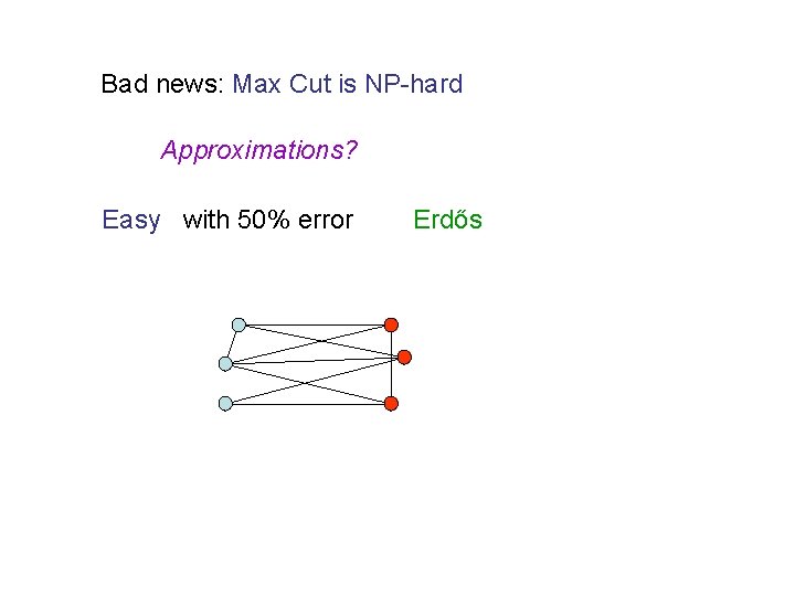 Bad news: Max Cut is NP-hard Approximations? Easy with 50% error Erdős 