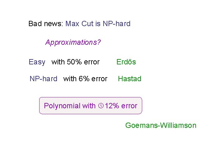 Bad news: Max Cut is NP-hard Approximations? Easy with 50% error Erdős NP-hard with