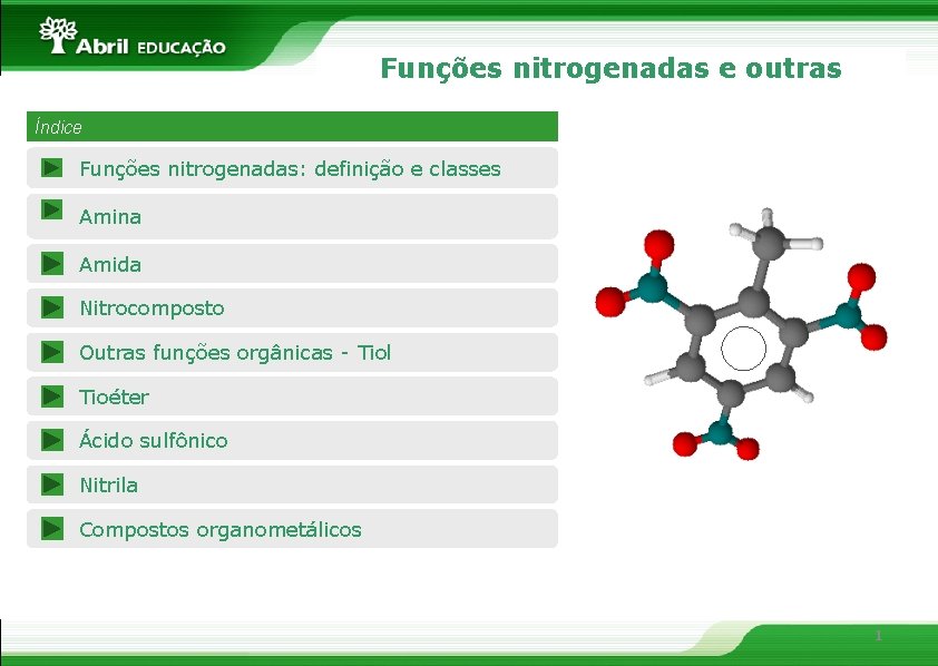 Funções nitrogenadas e outras Índice Funções nitrogenadas: definição e classes Amina Amida Nitrocomposto Outras