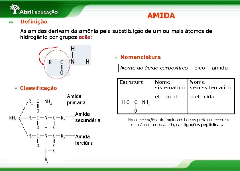 AMIDA Definição As amidas derivam da amônia pela substituição de um ou mais átomos
