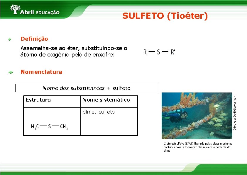 SULFETO (Tioéter) Definição Assemelha-se ao éter, substituindo-se o átomo de oxigênio pelo de enxofre: