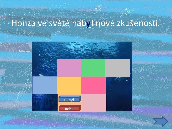 Honza ve světě nab_l y nové zkušenosti. nabyl nabil 