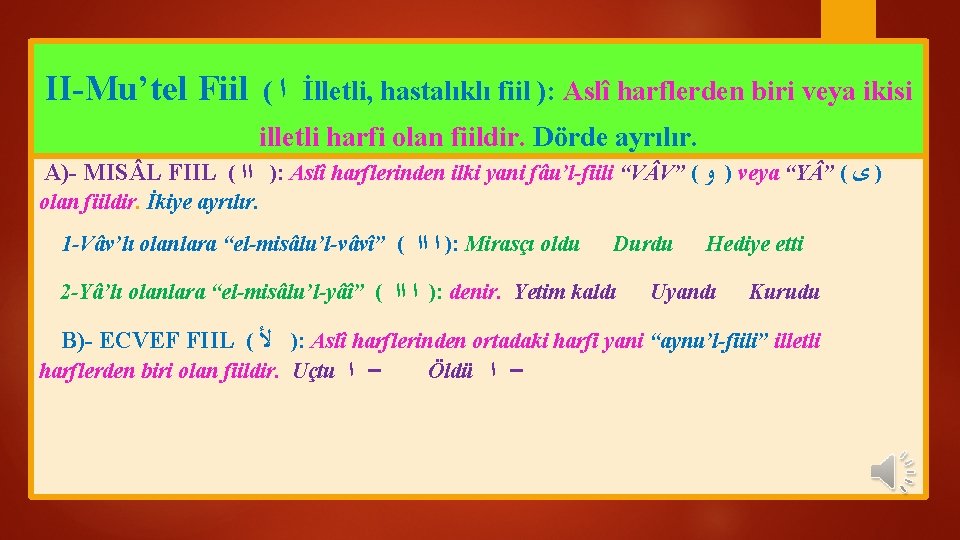 II-Mu’tel Fiil ( ﺍ İlletli, hastalıklı fiil ): Aslî harflerden biri veya ikisi illetli