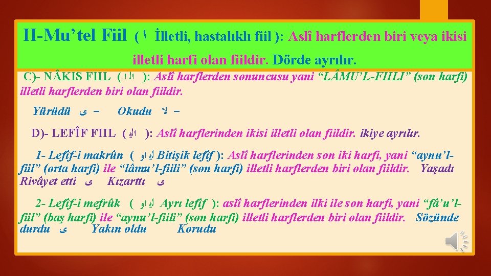 II-Mu’tel Fiil ( ﺍ İlletli, hastalıklı fiil ): Aslî harflerden biri veya ikisi illetli