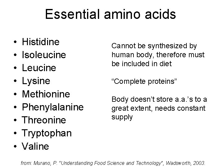 Essential amino acids • • • Histidine Isoleucine Lysine Methionine Phenylalanine Threonine Tryptophan Valine