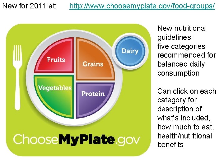 New for 2011 at: http: //www. choosemyplate. gov/food-groups/ New nutritional guidelines: five categories recommended