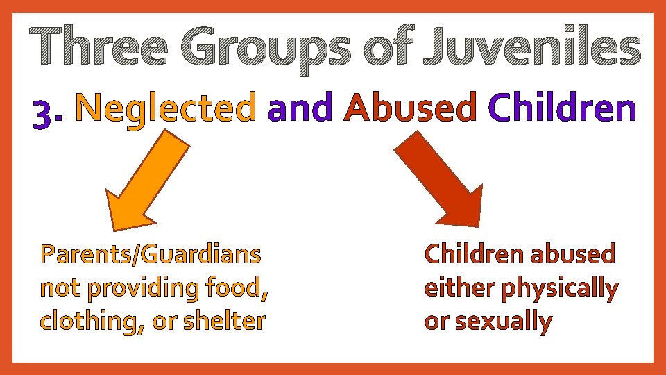 Three Groups of Juveniles 3. Neglected and Abused Children Parents/Guardians not providing food, clothing,