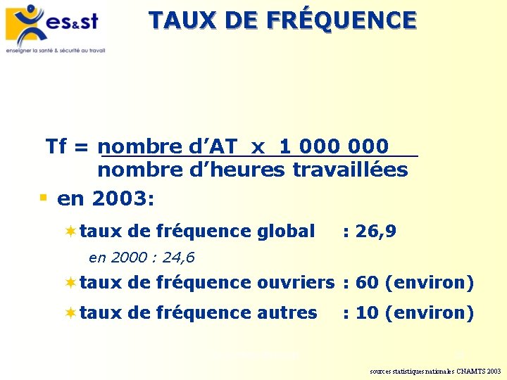 TAUX DE FRÉQUENCE Tf = nombre d’AT x 1 000 nombre d’heures travaillées §