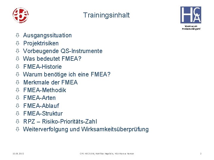 Trainingsinhalt Wenn es um Produktivität geht! ò ò ò ò Ausgangssituation Projektrisiken Vorbeugende QS-Instrumente