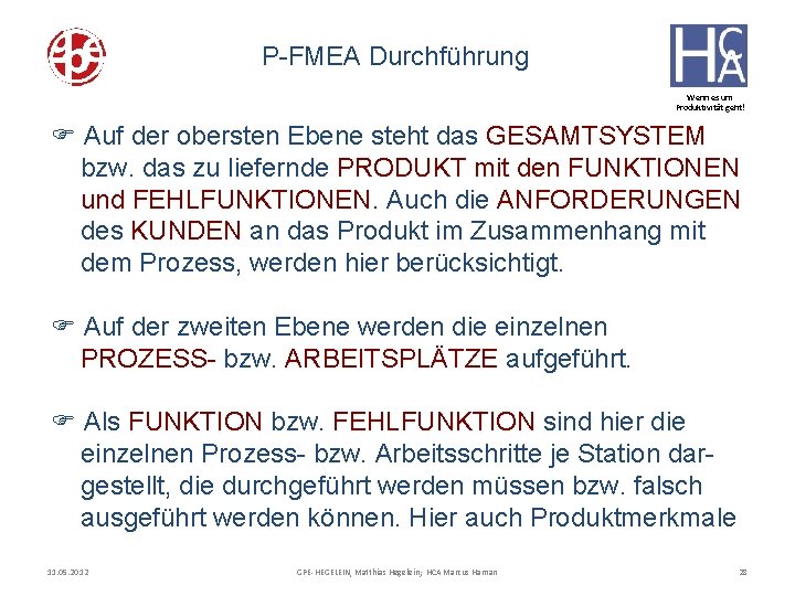 P-FMEA Durchführung Wenn es um Produktivität geht! F Auf der obersten Ebene steht das