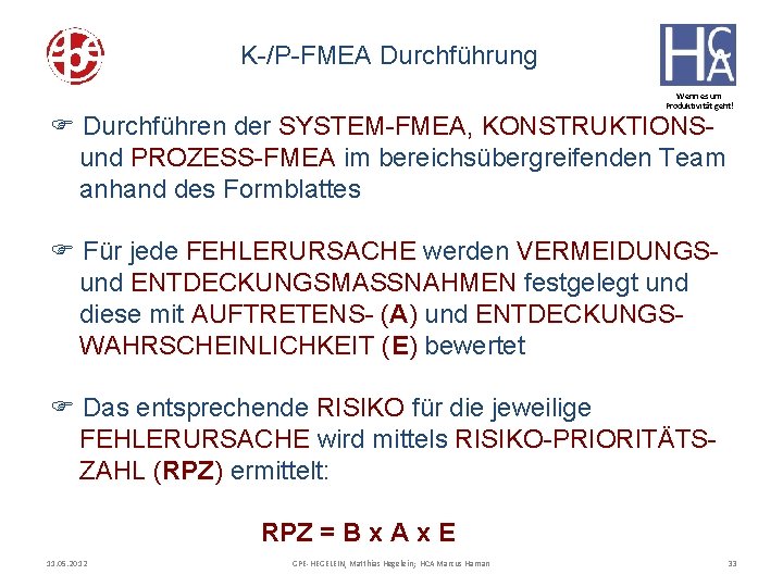 K-/P-FMEA Durchführung Wenn es um Produktivität geht! F Durchführen der SYSTEM-FMEA, KONSTRUKTIONSund PROZESS-FMEA im