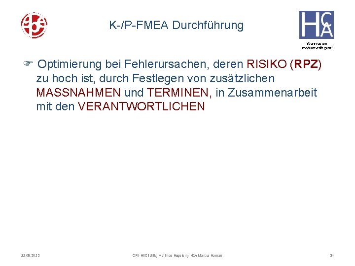 K-/P-FMEA Durchführung Wenn es um Produktivität geht! F Optimierung bei Fehlerursachen, deren RISIKO (RPZ)