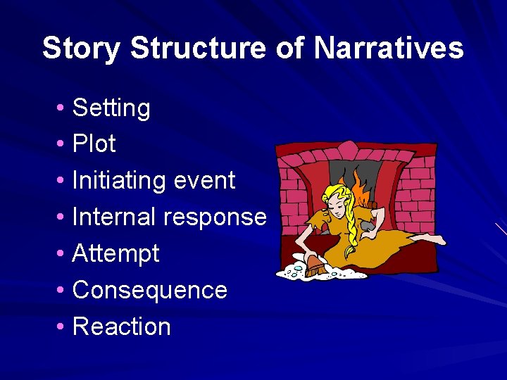 Story Structure of Narratives • Setting • Plot • Initiating event • Internal response