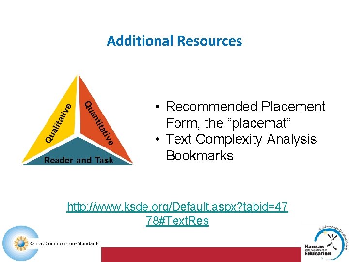 Additional Resources • Recommended Placement Form, the “placemat” • Text Complexity Analysis Bookmarks http: