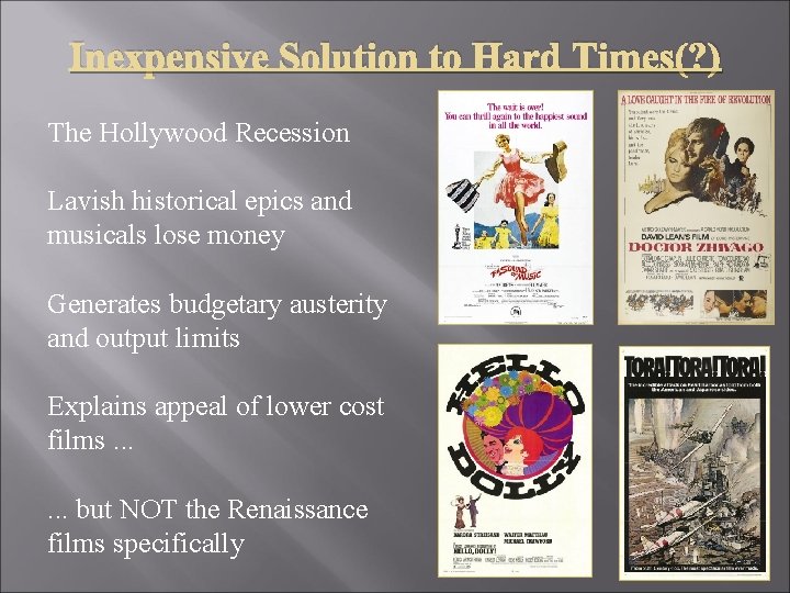 Inexpensive Solution to Hard Times(? ) The Hollywood Recession Lavish historical epics and musicals