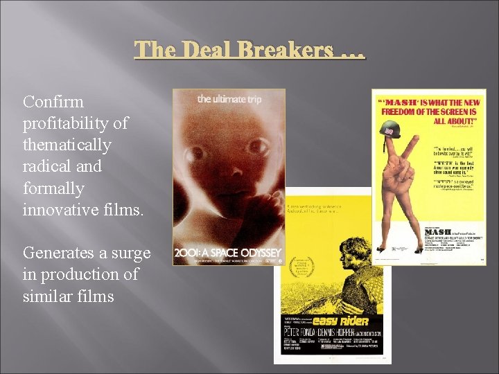 The Deal Breakers … Confirm profitability of thematically radical and formally innovative films. Generates