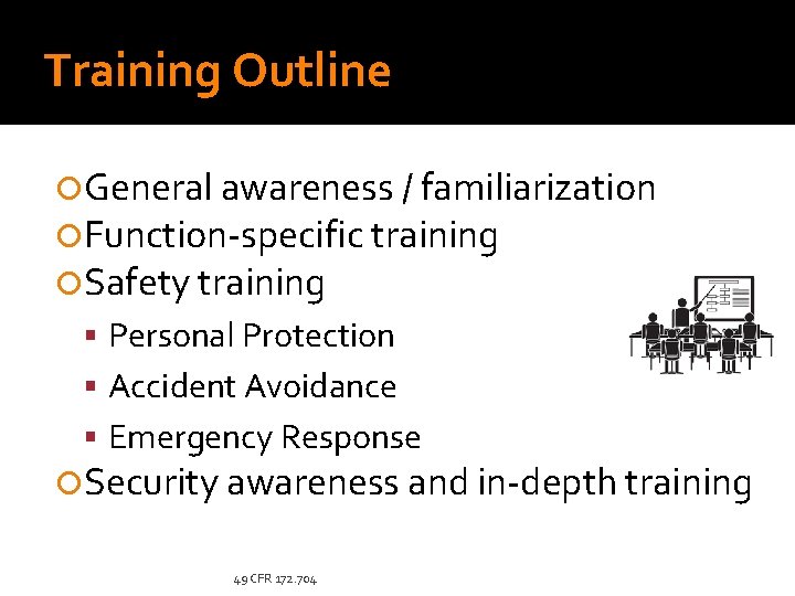 Training Outline General awareness / familiarization Function-specific training Safety training Personal Protection Accident Avoidance