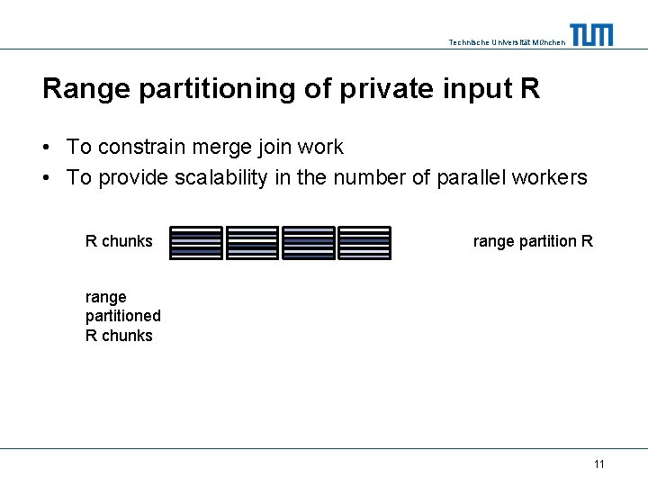 Technische Universität München Range partitioning of private input R • To constrain merge join