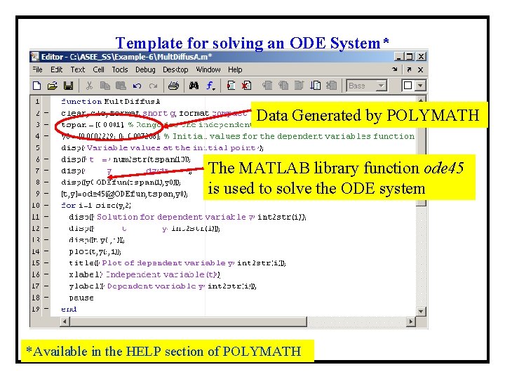 Template for solving an ODE System* Data Generated by POLYMATH The MATLAB library function Template for solving an ODE System* Data Generated by POLYMATH The MATLAB library function