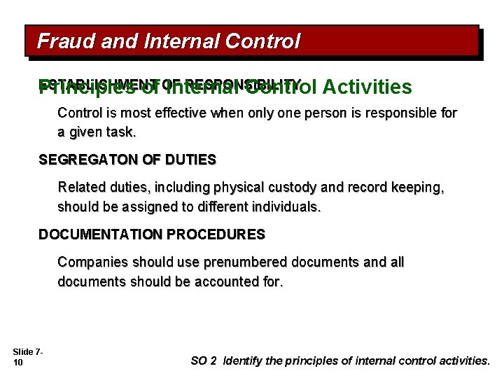 Fraud and Internal Control ESTABLISHMENT RESPONSIBILITY Principles of OF Internal Control Activities Control is