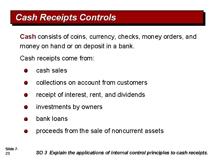 Cash Receipts Controls Cash consists of coins, currency, checks, money orders, and money on