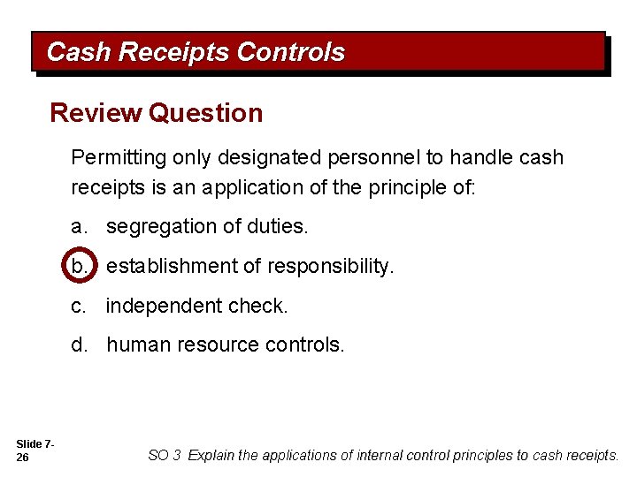 Cash Receipts Controls Review Question Permitting only designated personnel to handle cash receipts is