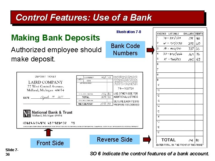 Control Features: Use of a Bank Making Bank Deposits Authorized employee should make deposit.