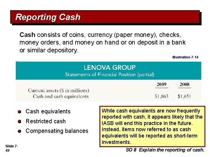 Reporting Cash consists of coins, currency (paper money), checks, money orders, and money on