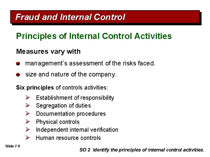 Fraud and Internal Control Principles of Internal Control Activities Measures vary with management’s assessment