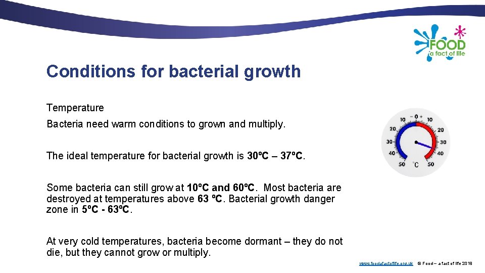 Conditions for bacterial growth Temperature Bacteria need warm conditions to grown and multiply. The