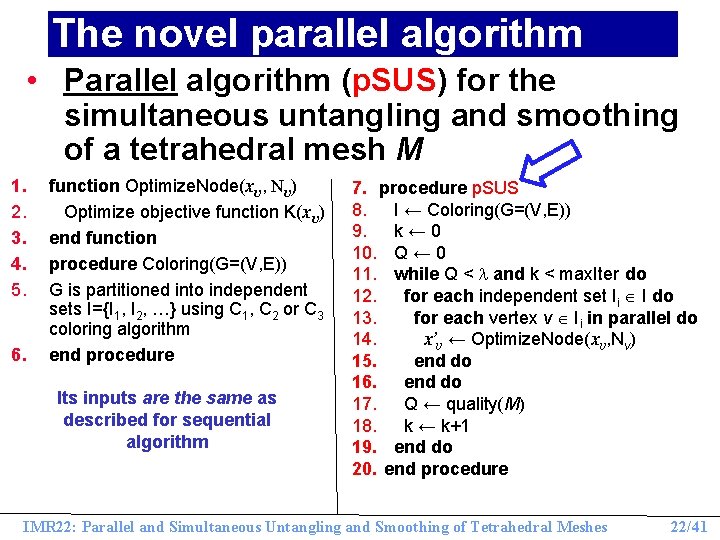 The novel parallel algorithm • Parallel algorithm (p. SUS) for the simultaneous untangling and