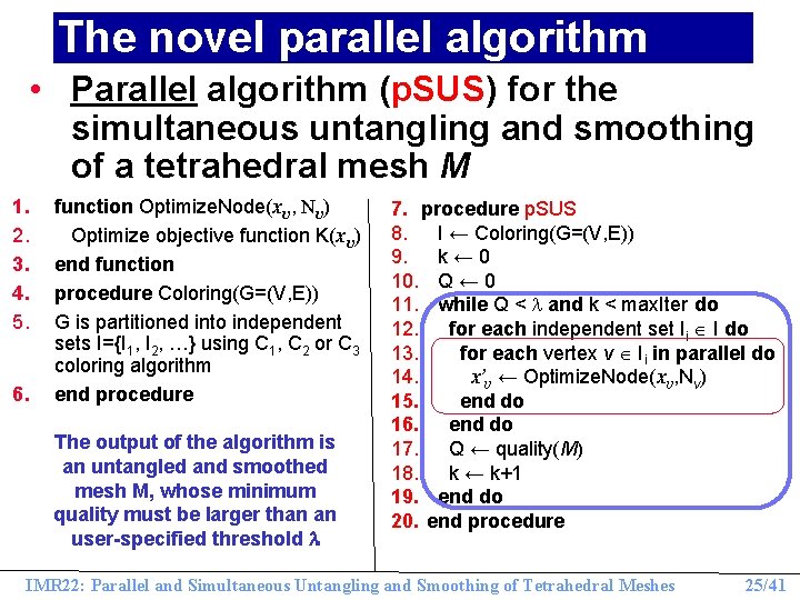 The novel parallel algorithm • Parallel algorithm (p. SUS) for the simultaneous untangling and