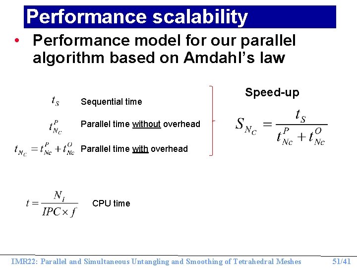 Performance scalability • Performance model for our parallel algorithm based on Amdahl’s law Sequential
