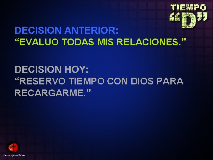 DECISION ANTERIOR: “EVALUO TODAS MIS RELACIONES. ” DECISION HOY: “RESERVO TIEMPO CON DIOS PARA