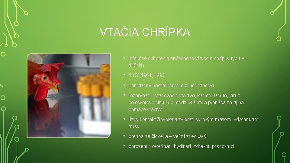 VTÁČIA CHRÍPKA • infekčné ochorenie spôsobené vírusom chrípky typu A (H 5 N 1)