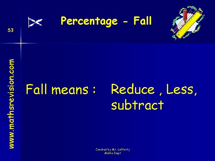 www. mathsrevision. com S 3 Percentage - Fall means : Reduce , Less, subtract