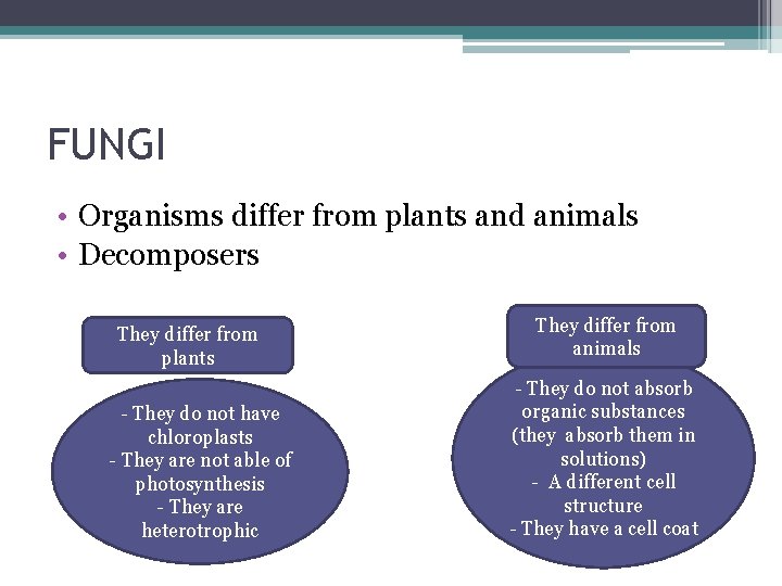 FUNGI • Organisms differ from plants and animals • Decomposers They differ from plants