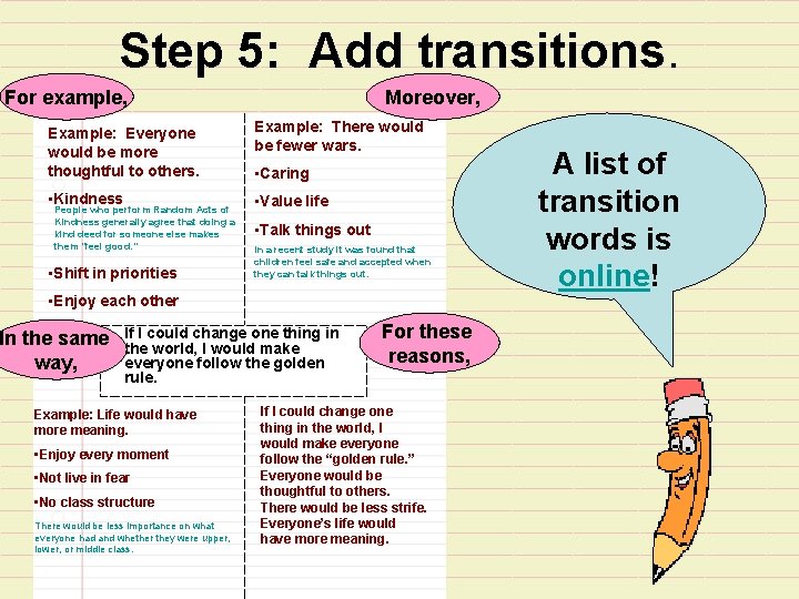 Step 5: Add transitions. For example, Moreover, Example: Everyone would be more thoughtful to