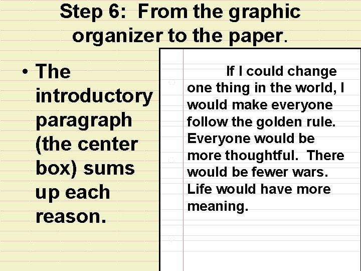 Step 6: From the graphic organizer to the paper. • The introductory paragraph (the