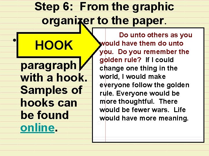 Step 6: From the graphic organizer to the paper. • Begin the HOOK introductory