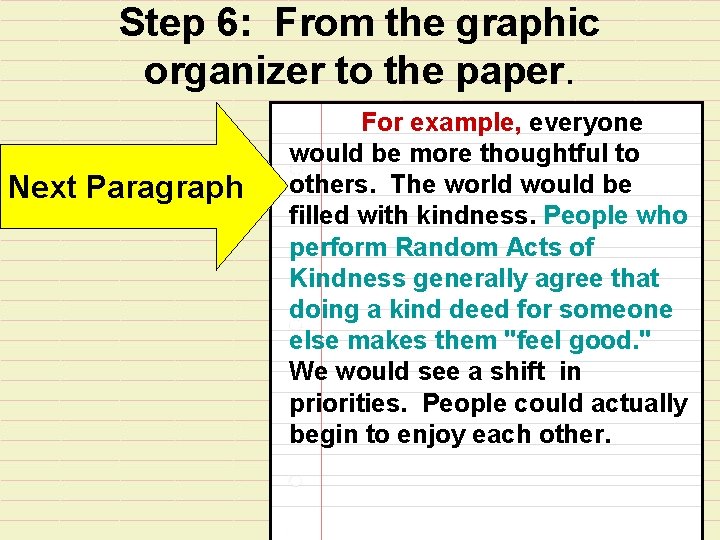 Step 6: From the graphic organizer to the paper. Next Paragraph For example, everyone