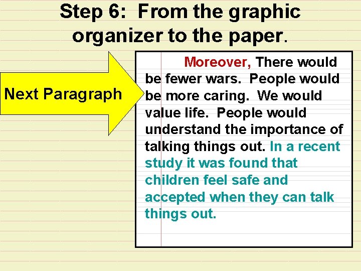 Step 6: From the graphic organizer to the paper. Next Paragraph Moreover, There would