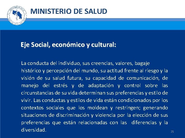 MINISTERIO DE SALUD Eje Social, económico y cultural: La conducta del individuo, sus creencias,