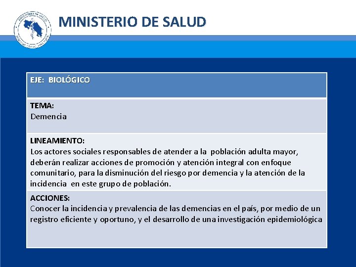 MINISTERIO DE SALUD EJE: BIOLÓGICO TEMA: Demencia LINEAMIENTO: Los actores sociales responsables de atender