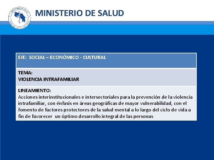 MINISTERIO DE SALUD EJE: SOCIAL – ECONÓMICO - CULTURAL TEMA: VIOLENCIA INTRAFAMILIAR LINEAMIENTO: Acciones