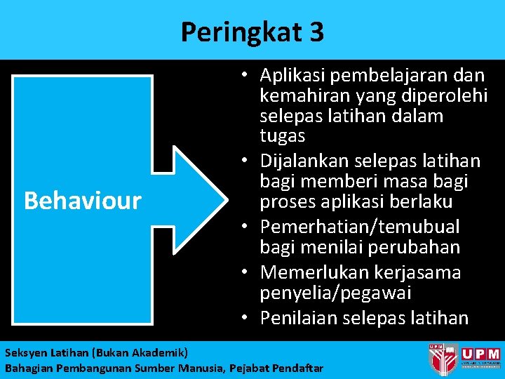 Peringkat 3 Behaviour • Aplikasi pembelajaran dan kemahiran yang diperolehi selepas latihan dalam tugas