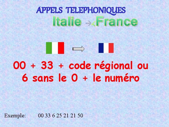 APPELS TELEPHONIQUES Italie France 00 + 33 + code régional ou 6 sans le