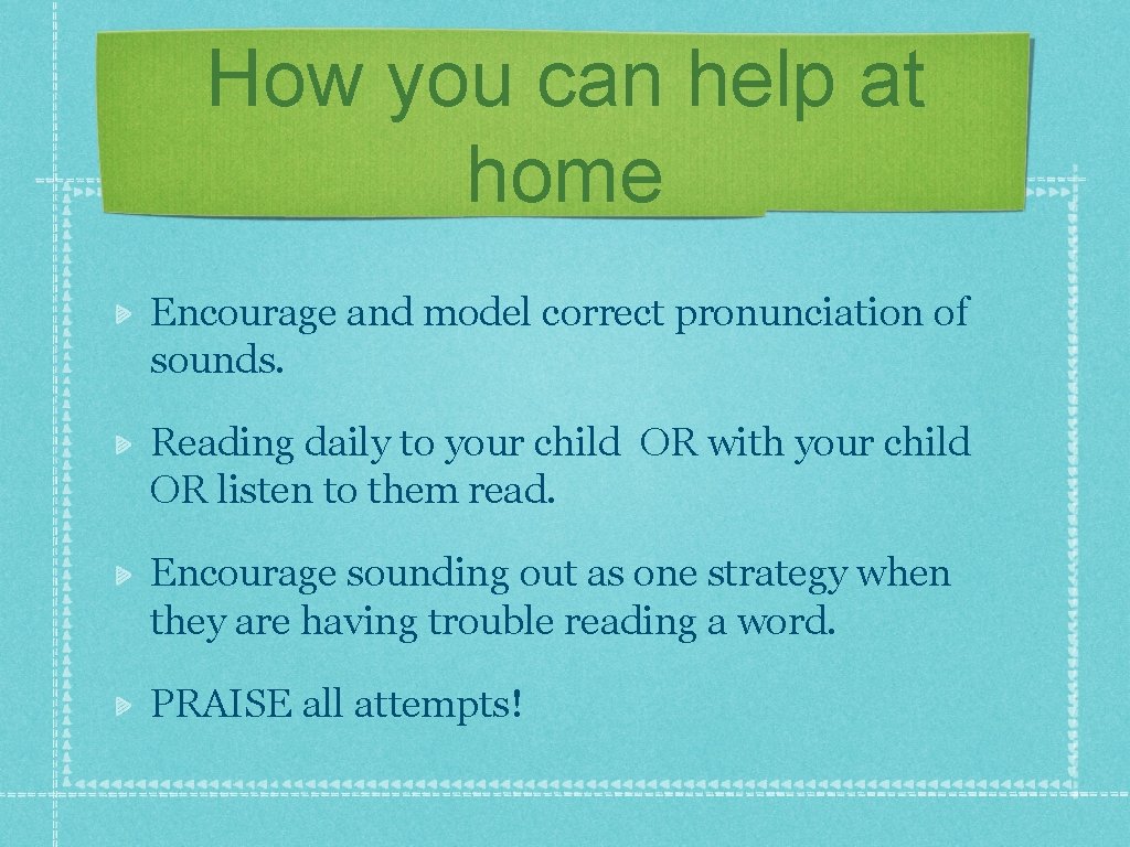 How you can help at home Encourage and model correct pronunciation of sounds. Reading