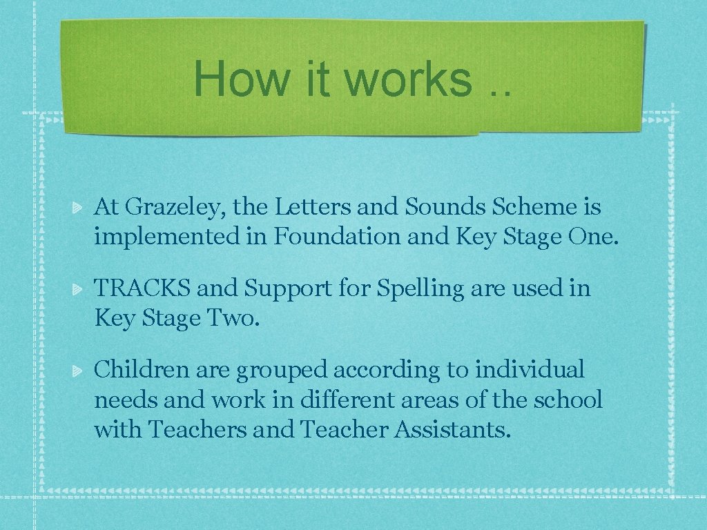 How it works. . At Grazeley, the Letters and Sounds Scheme is implemented in