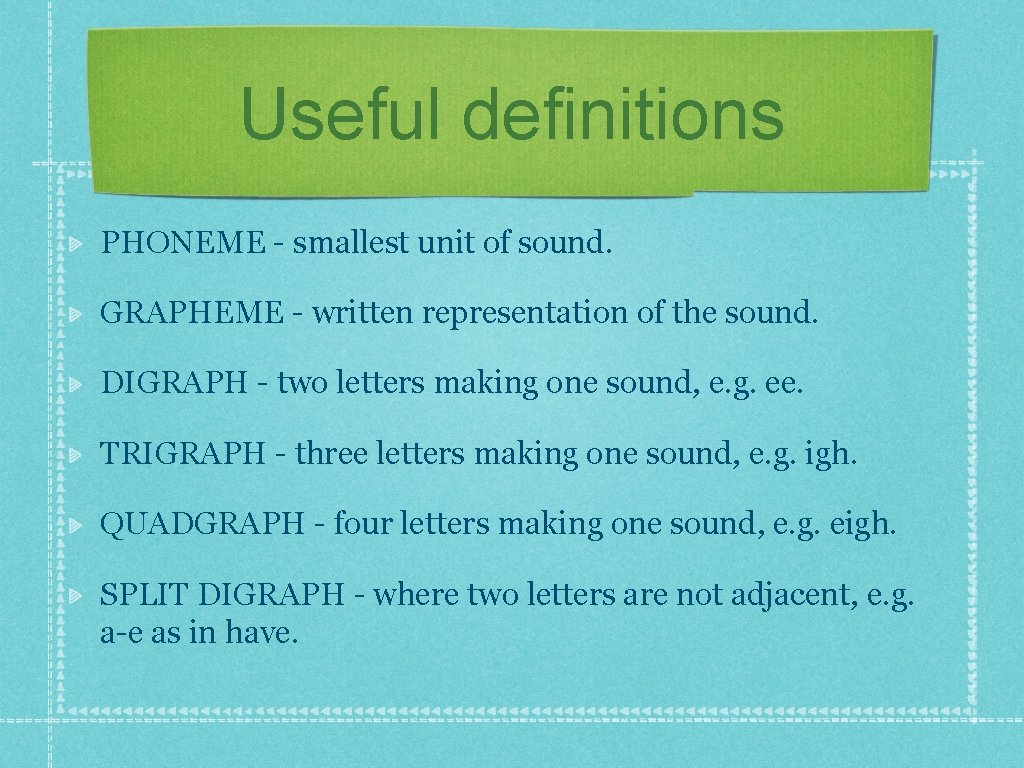 Useful definitions PHONEME - smallest unit of sound. GRAPHEME - written representation of the